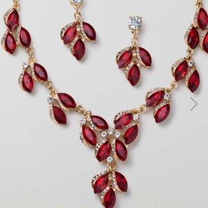 Elegant Scarlet Red and Gold Leaf Necklace and Earring Set
